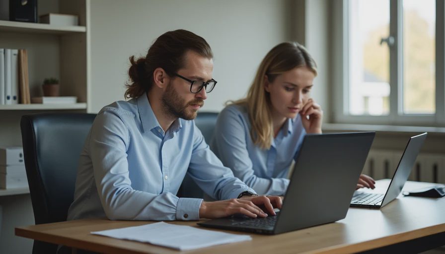 Documentary style photo of two small team colleagues collaborating on daily digital security checklists at the office.