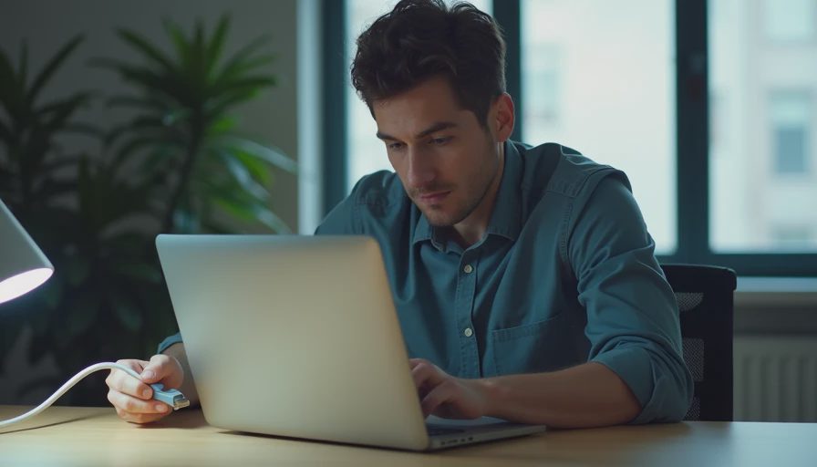 Documentary style photo of an office employee quickly disconnecting internet access on a laptop to contain risk.