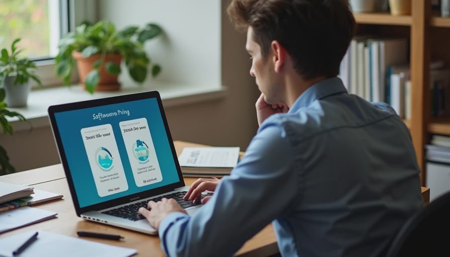 Documentary style photo of a small business manager reviewing promotional pricing and software renewal costs at an office desk.