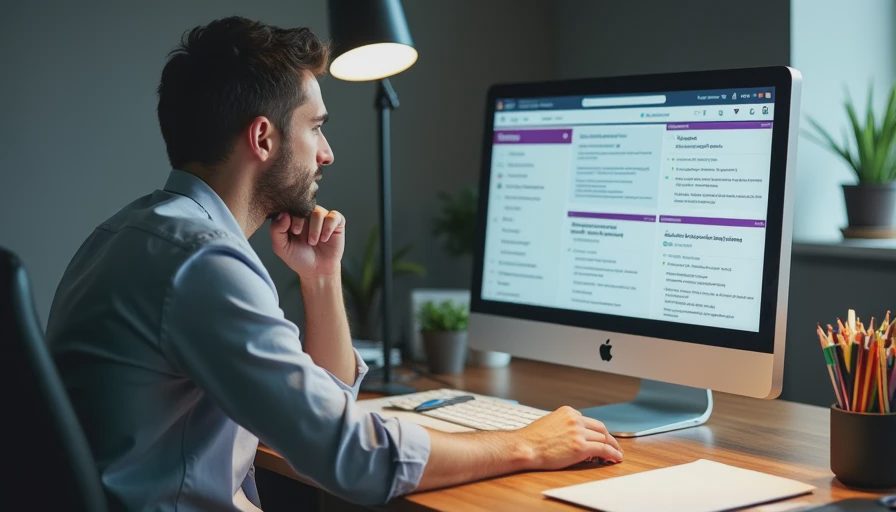 Documentary style photo of a small business manager reviewing complex software marketing pages at an office desk.