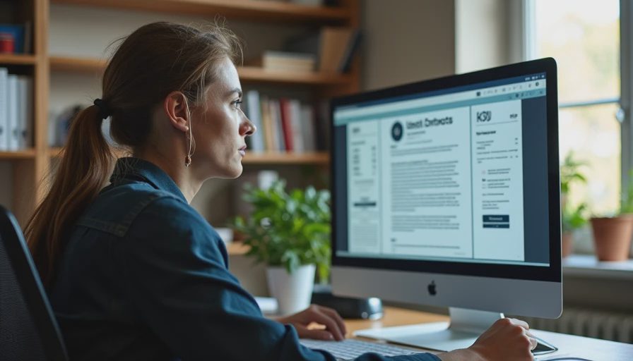 Documentary style photo of a small business manager reviewing long enterprise policy documents at a desk.