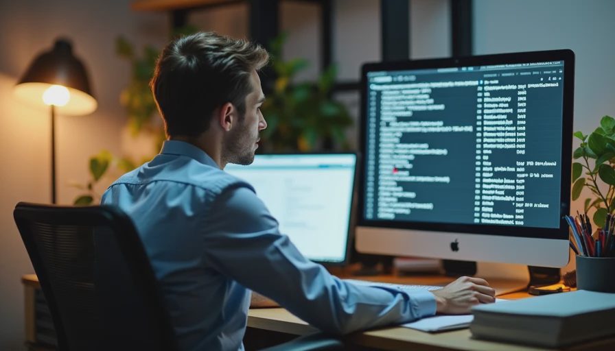 Documentary style photo of a small business manager reviewing messy shared credentials and spreadsheets at an office desk.