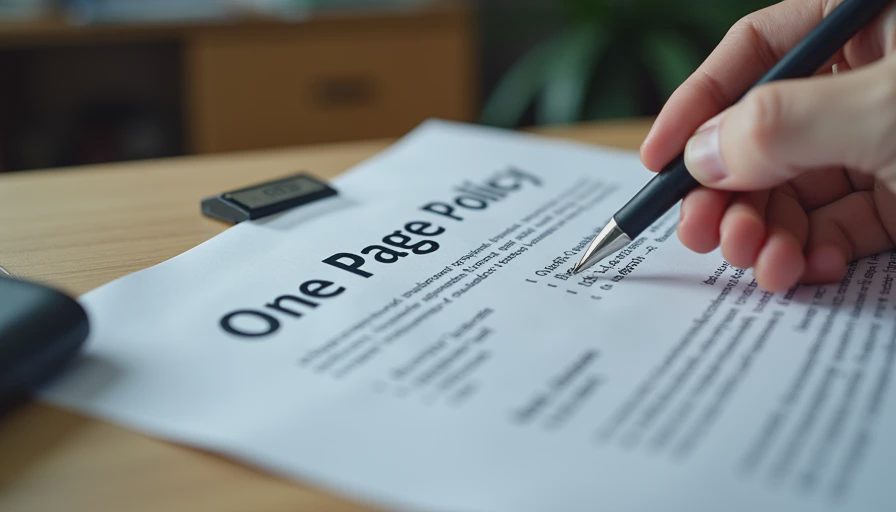 Documentary style close-up of a person reviewing a clean one-page password policy document on a desk.
