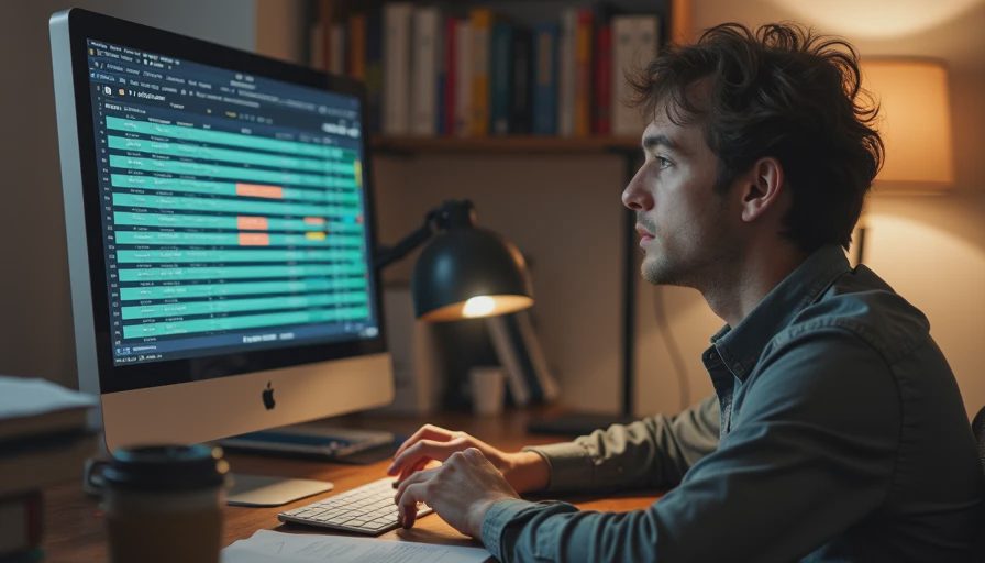 Documentary style photo of a small business manager reviewing messy shared credentials and spreadsheets at a desk.
