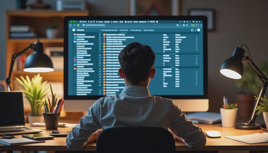 Documentary style photo of a small business manager reviewing active user lists and accounts of former employees at a desk.