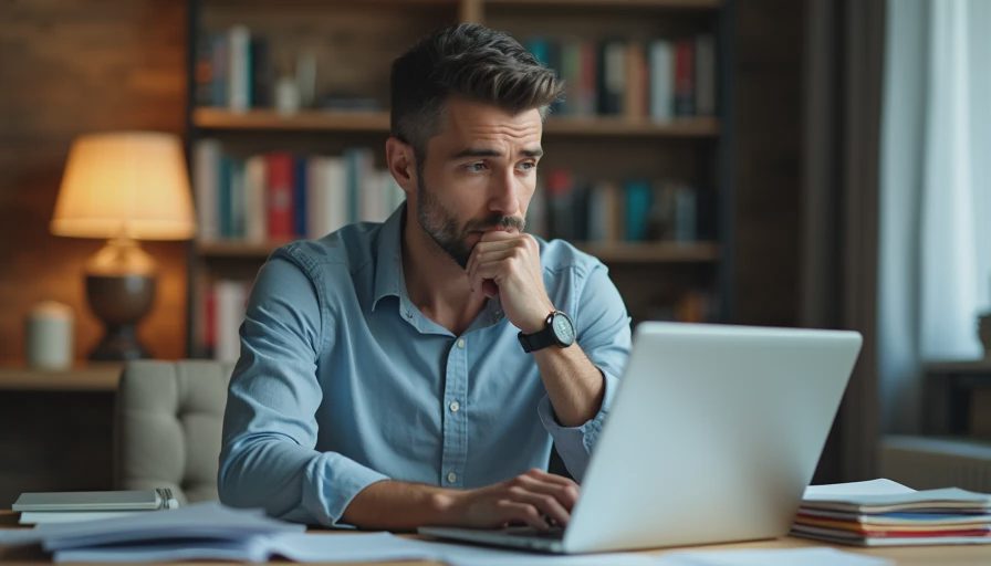 Documentary style photo of a small business manager reviewing promotional pricing and software renewal costs at a desk.