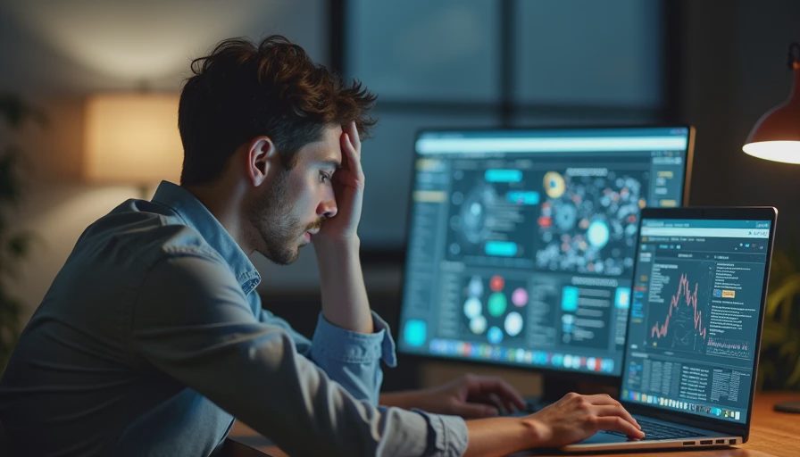 Documentary style photo of a small business manager reviewing complex software choices at a desk.