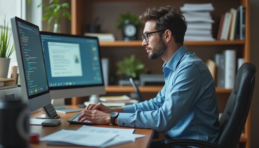 Documentary style photo of a small business manager multitasking at a desk, handling daily operations and IT tasks.