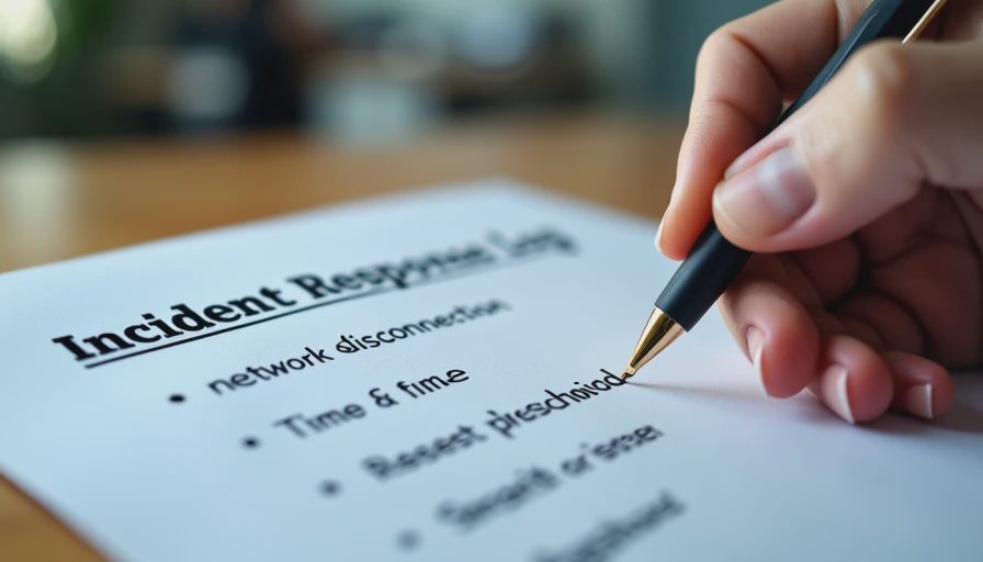 Documentary style close-up of a person writing a chronological incident review note on paper at a desk.