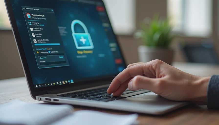Documentary style close-up of a person verifying backup and system recovery status on a laptop.