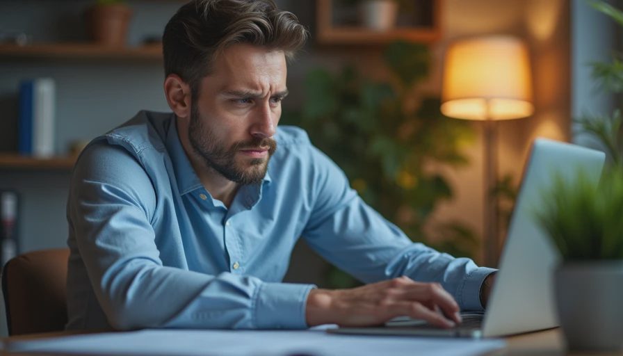 Documentary style photo of a small business operator multitasking at a desk, surrounded by everyday office paperwork.