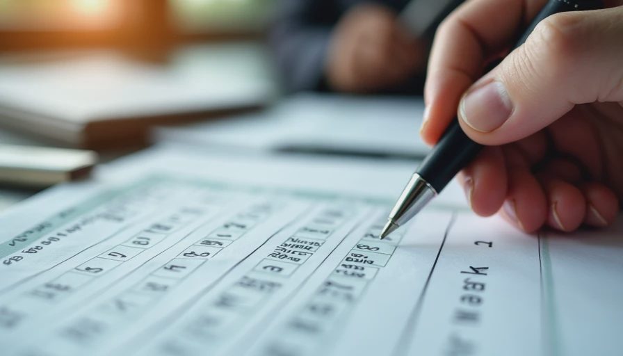 Documentary style close-up of a person recording offboarding details and device return logs on paper.