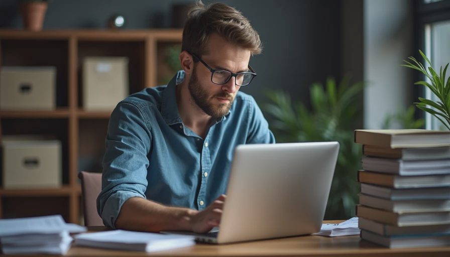 Documentary style photo of a small business manager reviewing an unconfigured new laptop before handing it over.