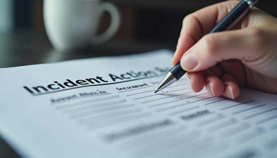 Documentary style close-up of a person documenting incident response actions and notes on paper at a desk.