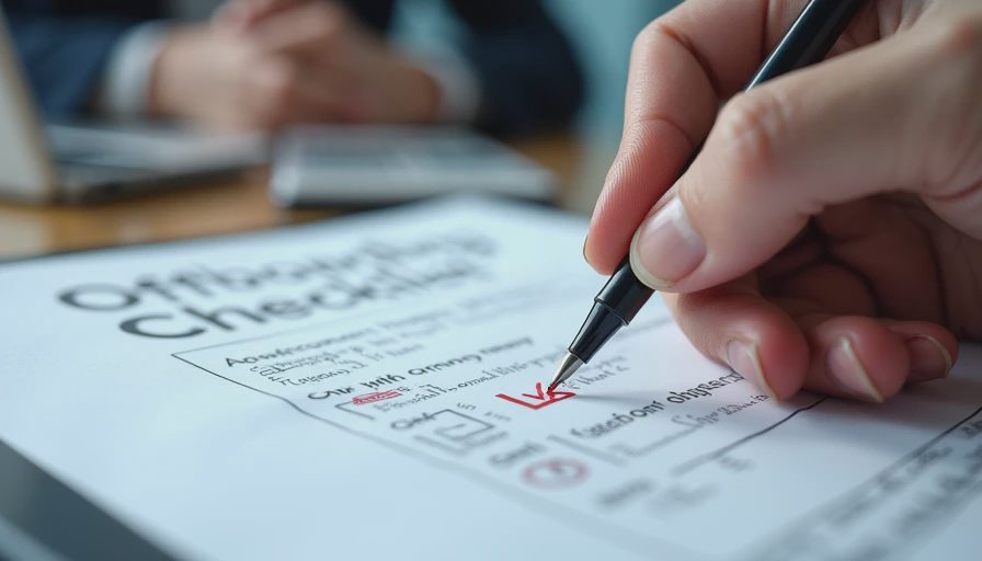 Documentary style close-up of a person updating an offboarding checklist and documenting incident review notes on paper.