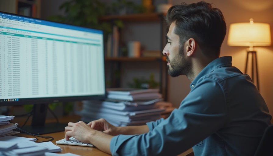 Documentary style photo of a small business manager reviewing messy shared credentials at an office desk.