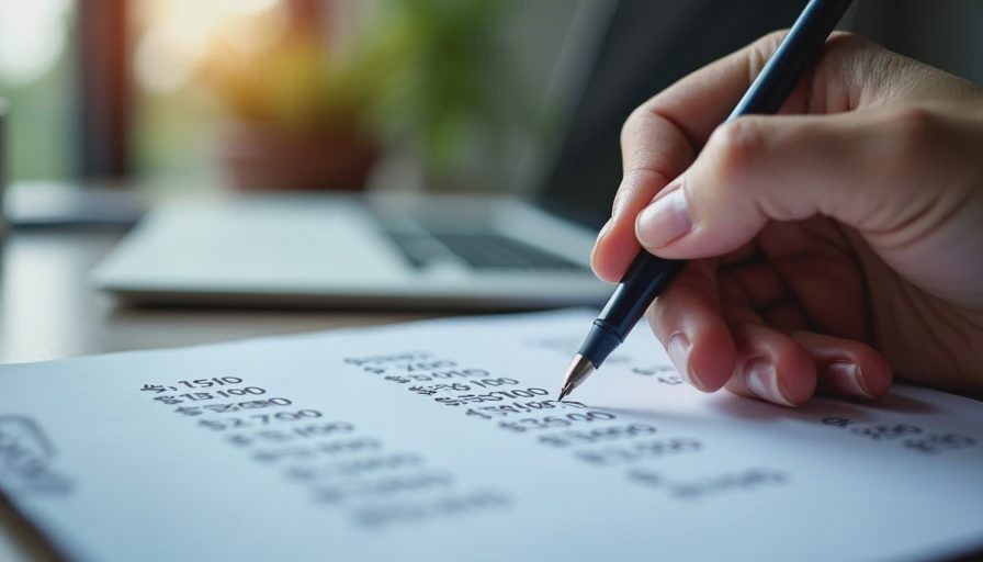 Documentary style close-up of a person analyzing software renewal pricing and budget costs on paper.