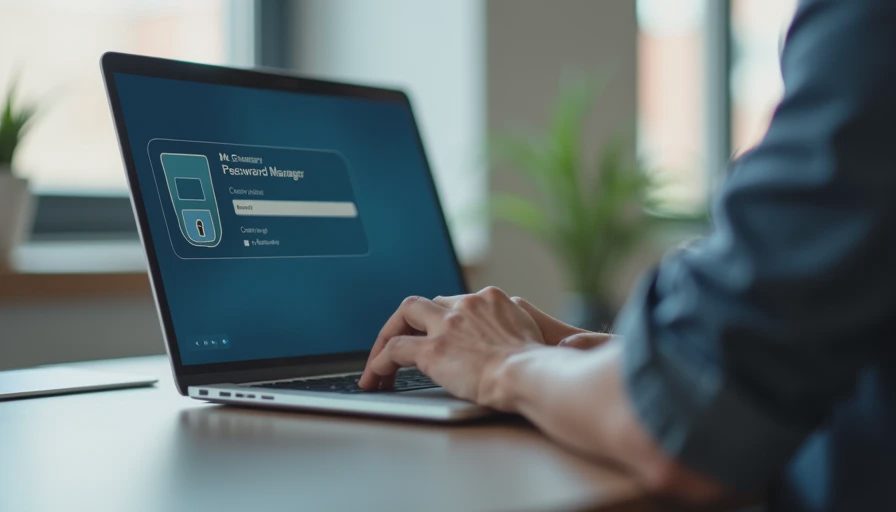 Documentary style close-up of a person managing shared credentials securely in a company password vault on a laptop.