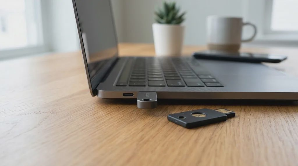 A modern USB-C and NFC FIDO2 security key resting on a wooden desk next to a laptop.