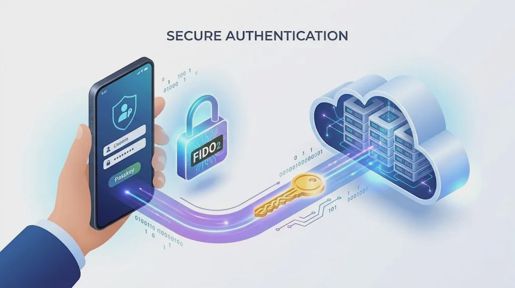 An infographic comparing vulnerable passwords with secure FIDO2 biometric authentication against phishing attacks.