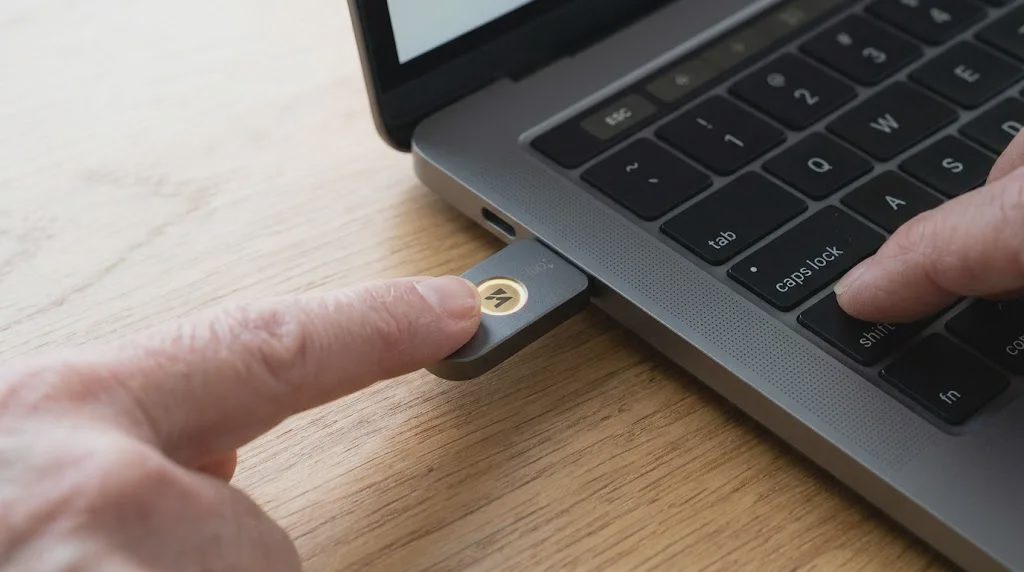 Close-up of a user gently tapping a glowing FIDO2 security key plugged into a laptop.
