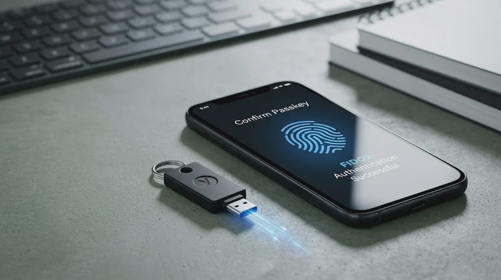 A physical hardware security key and a modern smartphone displaying a biometric passkey confirmation screen.